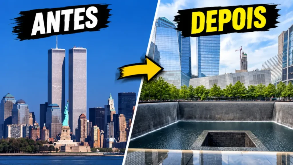 Memorial 11/9 em Nova York com o One World Trade Center ao fundo